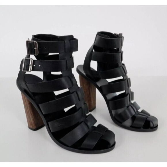 Vince Sandals Caged Strappy Nicolette Womens 8M 38 Black Leather Block High Heel - Picture 8 of 16